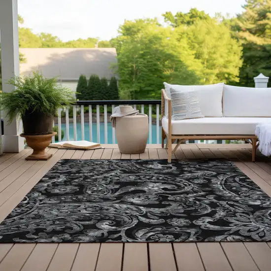 Black Gray And Charcoal Paisley Washable Indoor Outdoor Area Rug Photo 9
