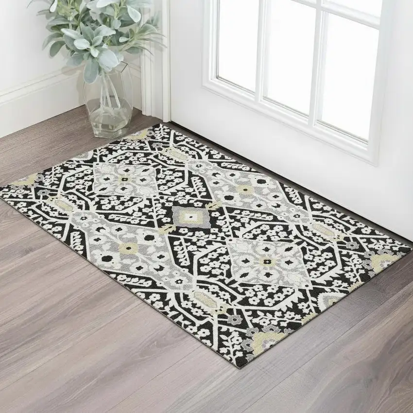 Black Gray And Gold Floral Washable Area Rug With UV Protection Photo 1