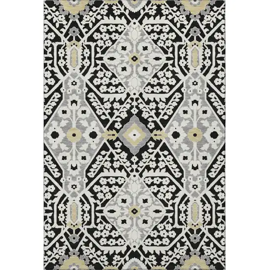 Black Gray And Gold Floral Washable Area Rug With UV Protection Photo 5