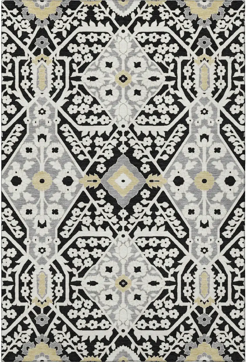 Black Gray And Gold Floral Washable Area Rug With UV Protection Photo 5