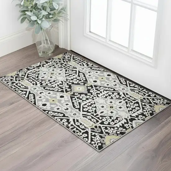Black Gray And Gold Floral Washable Area Rug With UV Protection Photo 1