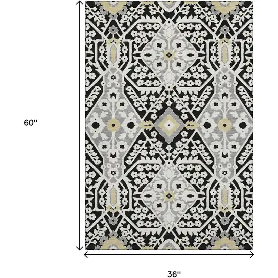 Black Gray And Gold Floral Washable Area Rug With UV Protection Photo 3