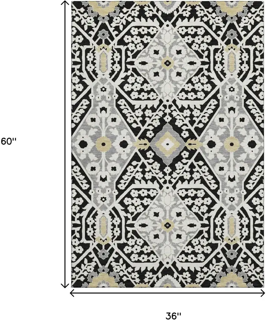 Black Gray And Gold Floral Washable Area Rug With UV Protection Photo 3