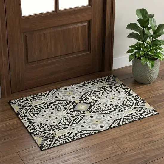 Black Gray And Gold Floral Washable Area Rug With UV Protection Photo 1