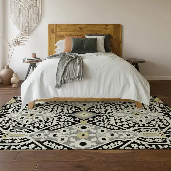 Black Gray And Gold Floral Washable Area Rug With UV Protection Photo 7