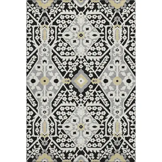Black Gray And Gold Floral Washable Area Rug With UV Protection Photo 2