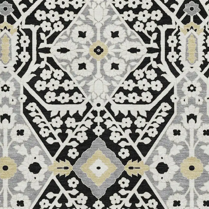 Black Gray And Gold Floral Washable Area Rug With UV Protection Photo 4