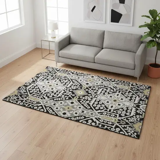 Black Gray And Gold Floral Washable Area Rug With UV Protection Photo 1