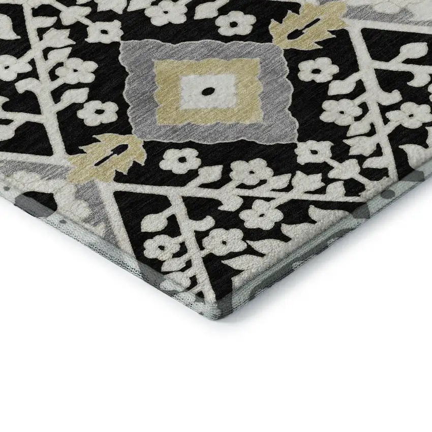 Black Gray And Gold Floral Washable Area Rug With UV Protection Photo 9