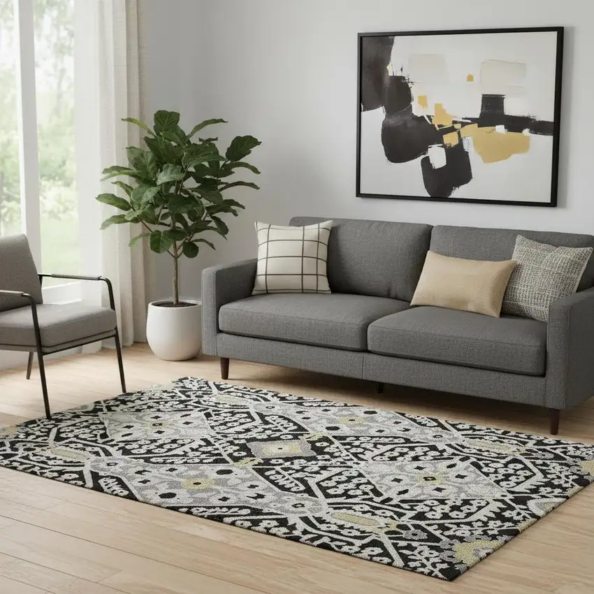 Black Gray And Gold Floral Washable Area Rug With UV Protection Photo 1