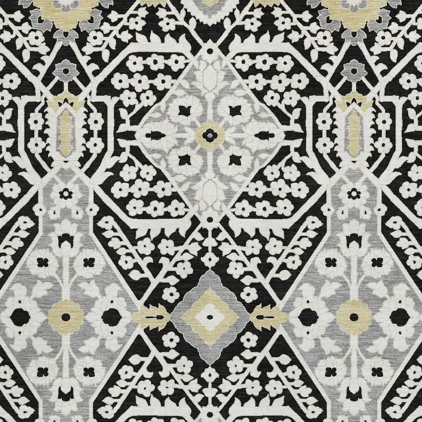 Black Gray And Gold Floral Washable Area Rug With UV Protection Photo 5