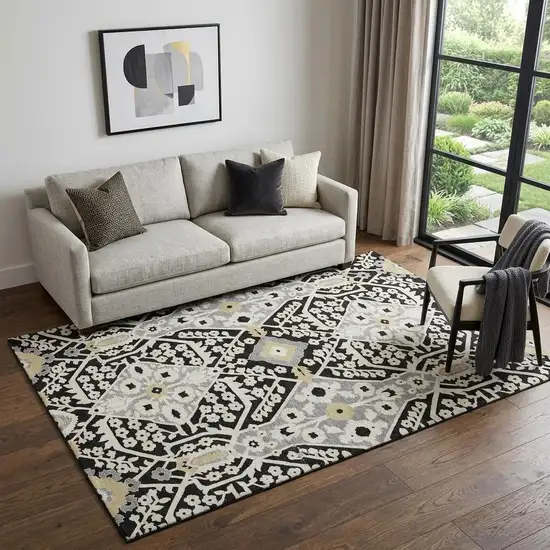Black Gray And Gold Floral Washable Area Rug With UV Protection Photo 1