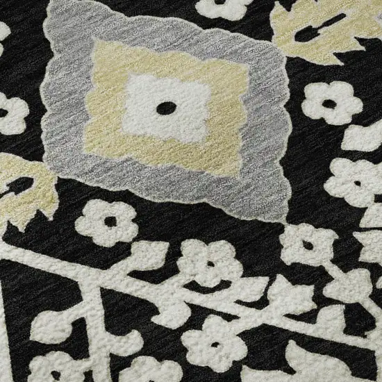 Black Gray And Gold Floral Washable Area Rug With UV Protection Photo 8