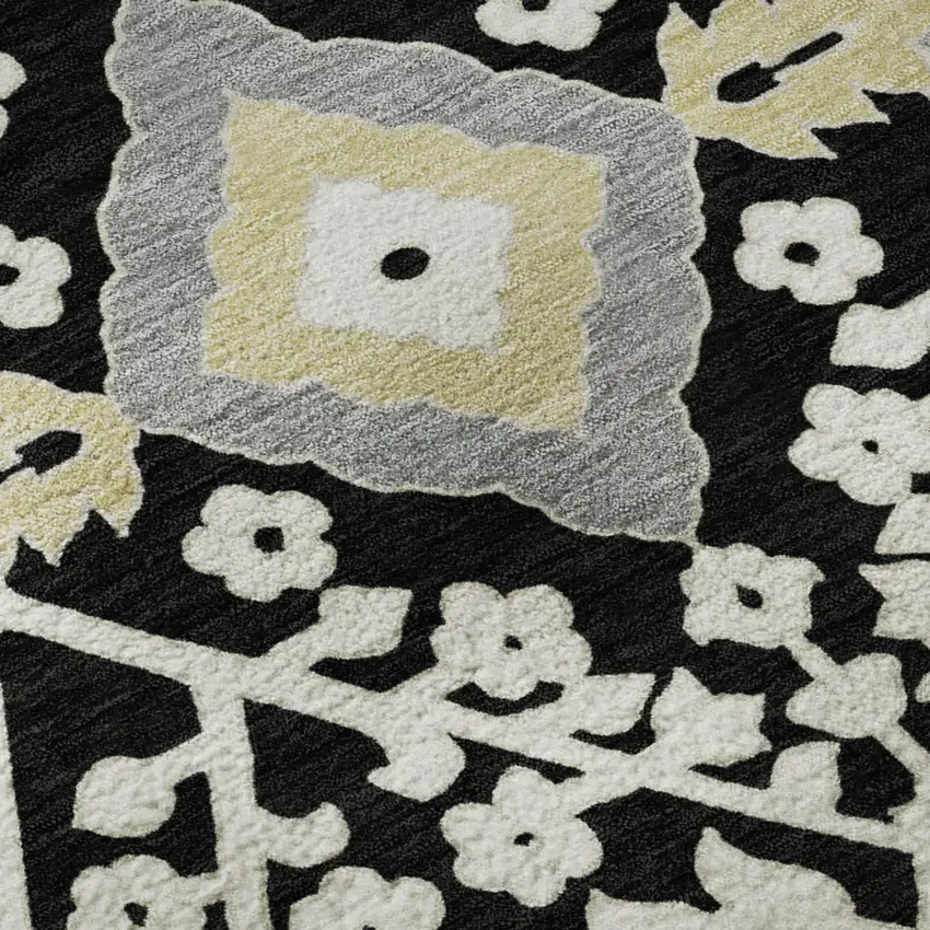Black Gray And Gold Floral Washable Area Rug With UV Protection Photo 8