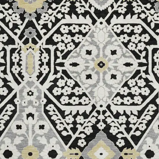 Black Gray And Gold Floral Washable Area Rug With UV Protection Photo 4