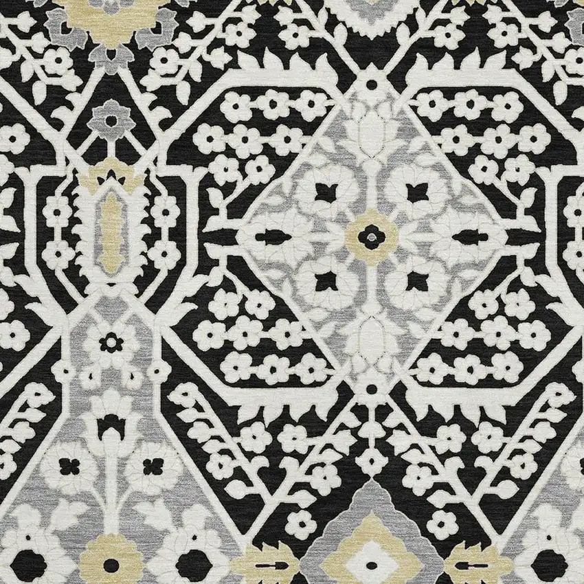 Black Gray And Gold Floral Washable Area Rug With UV Protection Photo 4
