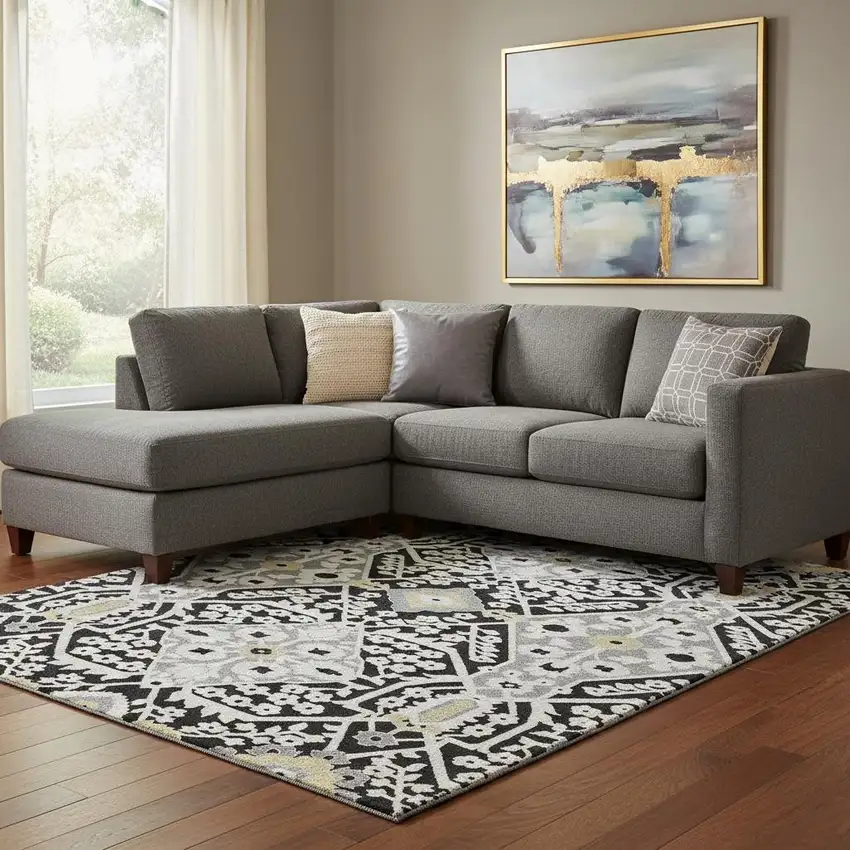 Black Gray And Gold Floral Washable Area Rug With UV Protection Photo 1