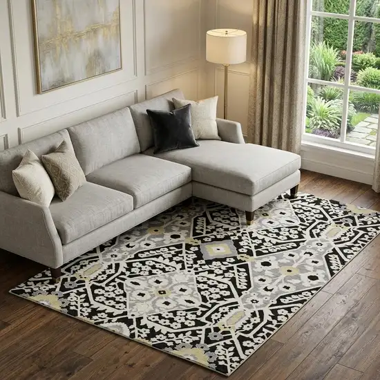 Black Gray And Gold Floral Washable Area Rug With UV Protection Photo 1