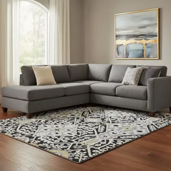 Black Gray And Gold Floral Washable Area Rug With UV Protection Photo 1