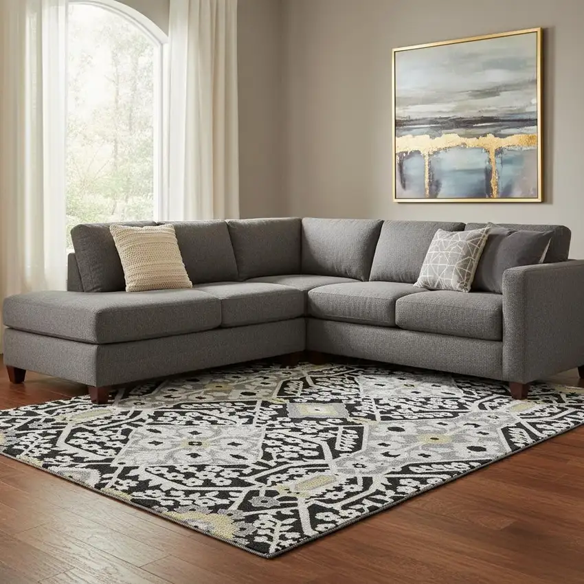 Black Gray And Gold Floral Washable Area Rug With UV Protection Photo 1