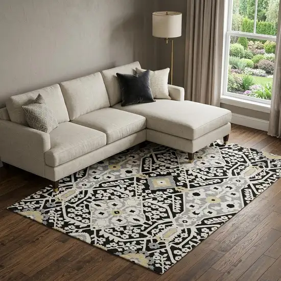 Black Gray And Gold Floral Washable Area Rug With UV Protection Photo 1