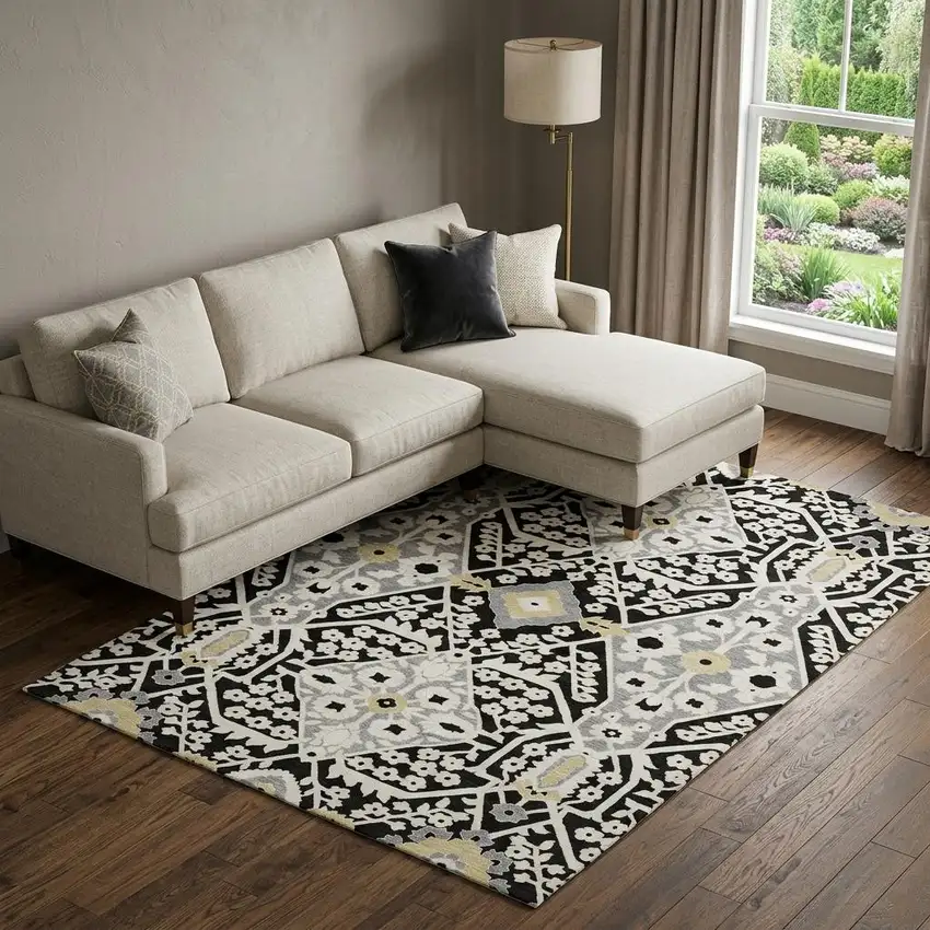 Black Gray And Gold Floral Washable Area Rug With UV Protection Photo 1