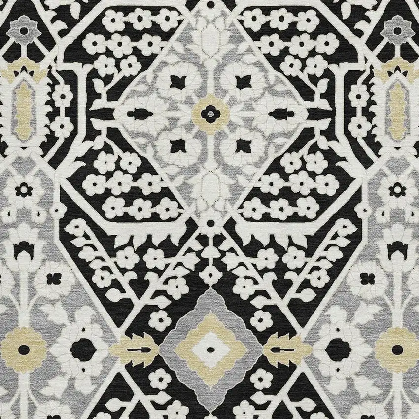 Black Gray And Gold Floral Washable Area Rug With UV Protection Photo 4