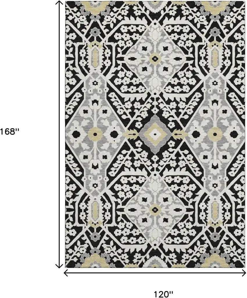 Black Gray And Gold Floral Washable Area Rug With UV Protection Photo 3