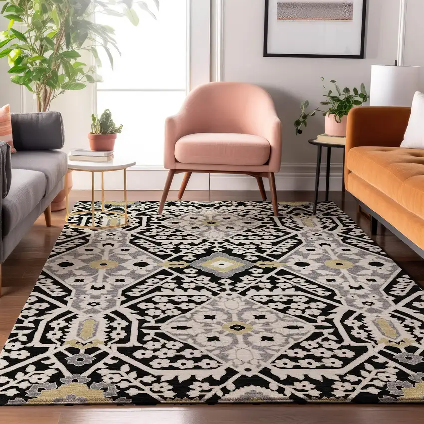 Black Gray And Gold Floral Washable Area Rug With UV Protection Photo 6