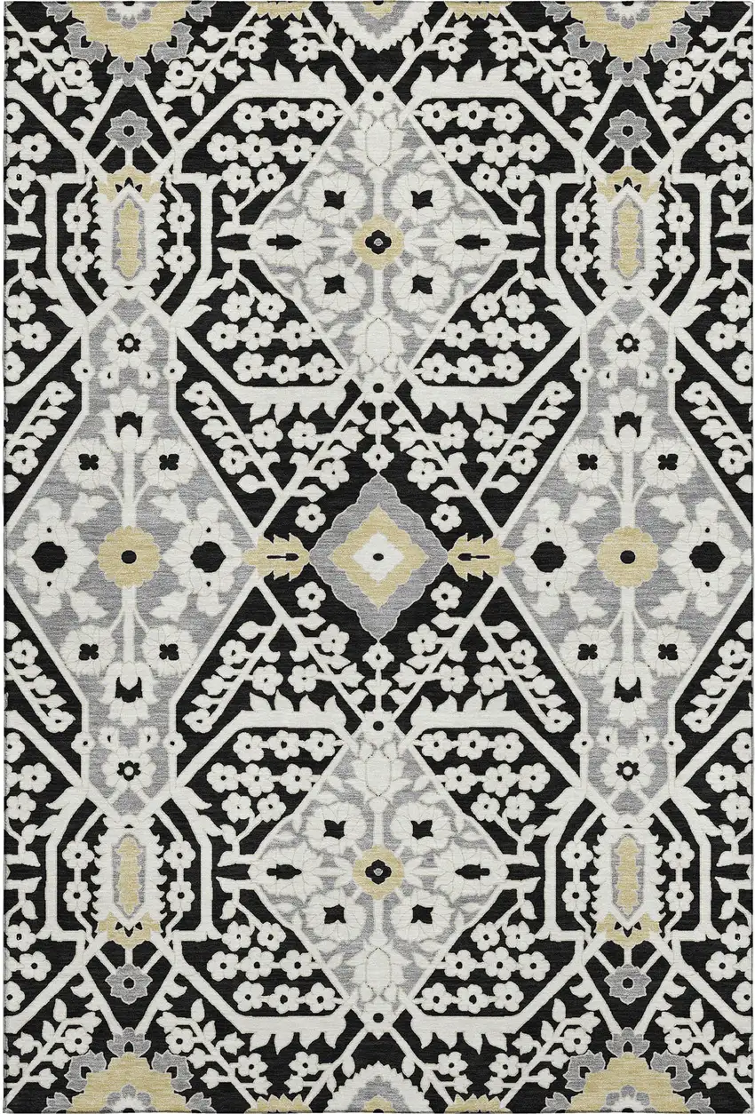 Black Gray And Gold Floral Washable Area Rug With UV Protection Photo 2