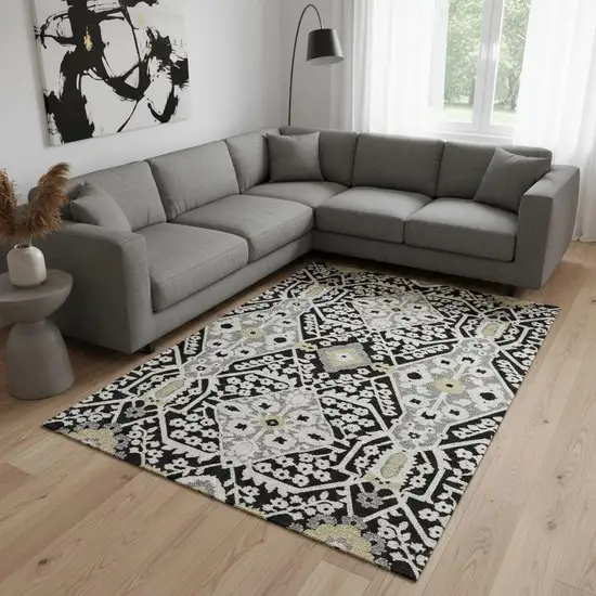 Black Gray And Gold Floral Washable Area Rug With UV Protection Photo 1