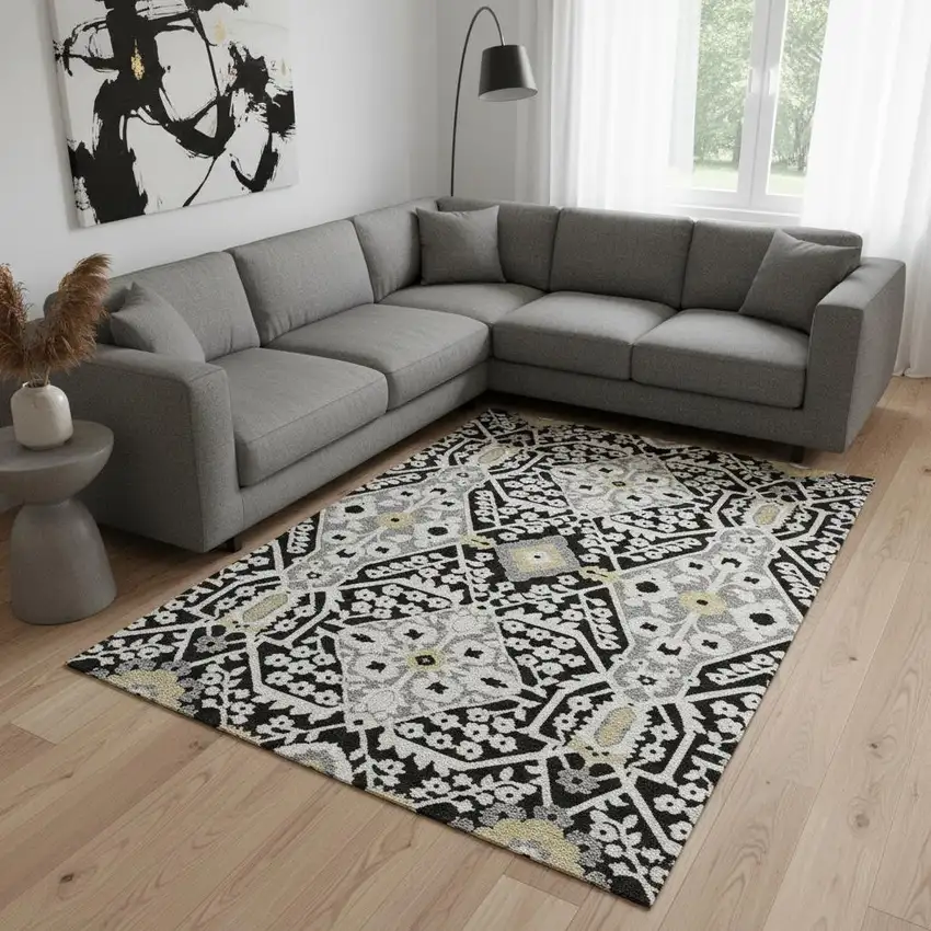 Black Gray And Gold Floral Washable Area Rug With UV Protection Photo 1