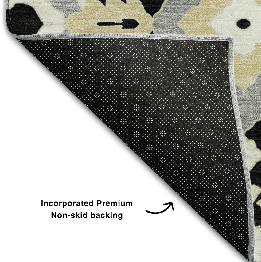 Black Gray And Gold Floral Washable Area Rug With UV Protection Photo 8