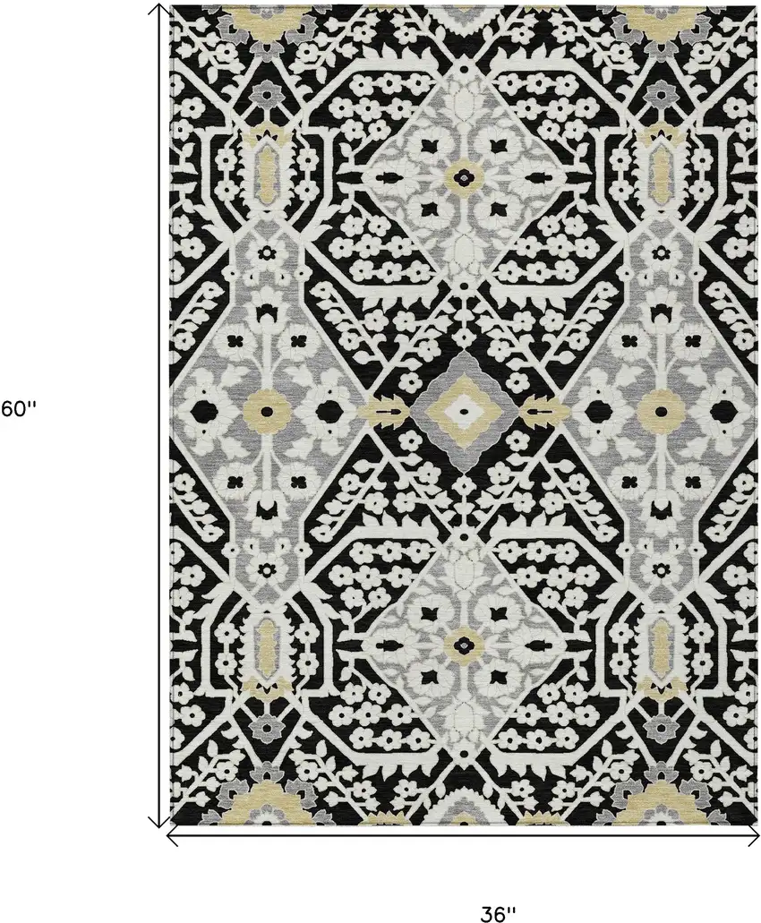 Black Gray And Gold Floral Washable Indoor Outdoor Area Rug Photo 3