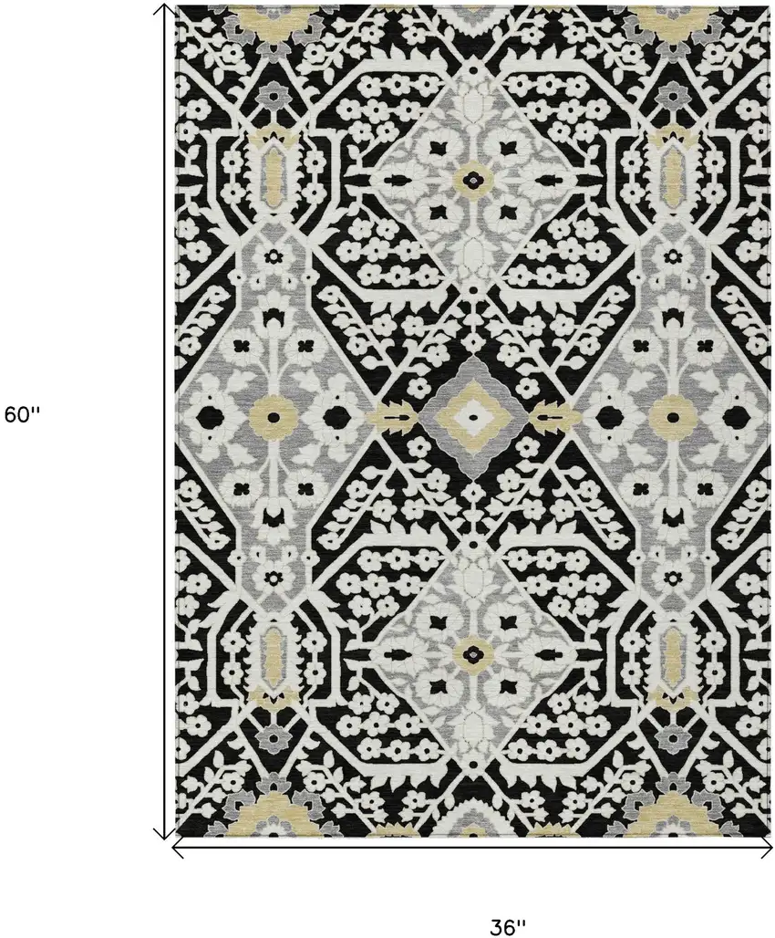 Black Gray And Gold Floral Washable Indoor Outdoor Area Rug Photo 3