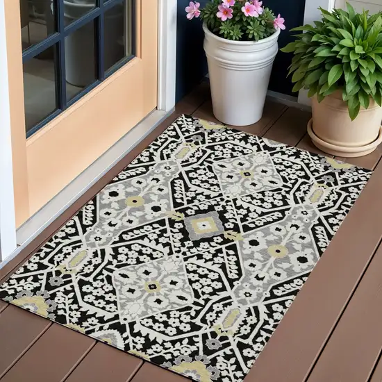 Black Gray And Gold Floral Washable Indoor Outdoor Area Rug Photo 1