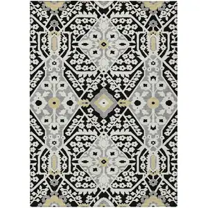 Photo of Black Gray And Gold Floral Washable Indoor Outdoor Area Rug