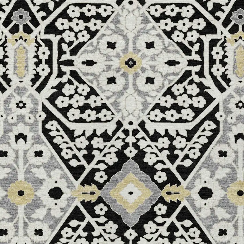Black Gray And Gold Floral Washable Indoor Outdoor Area Rug Photo 6
