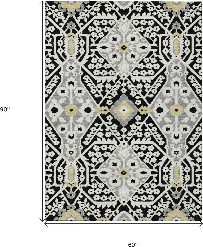 Black Gray And Gold Floral Washable Indoor Outdoor Area Rug Photo 3