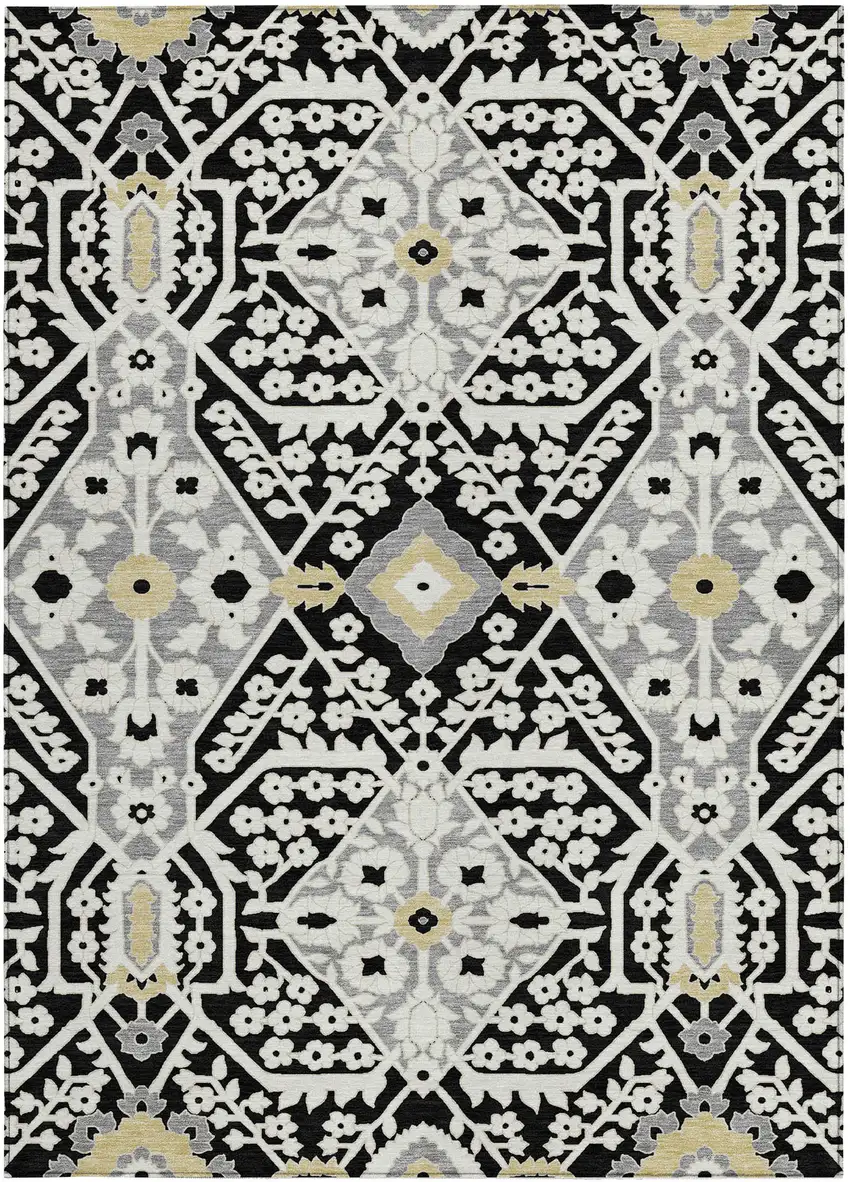 Black Gray And Gold Floral Washable Indoor Outdoor Area Rug Photo 7