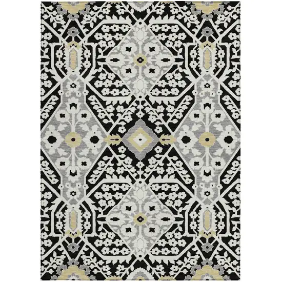 Black Gray And Gold Floral Washable Indoor Outdoor Area Rug Photo 7