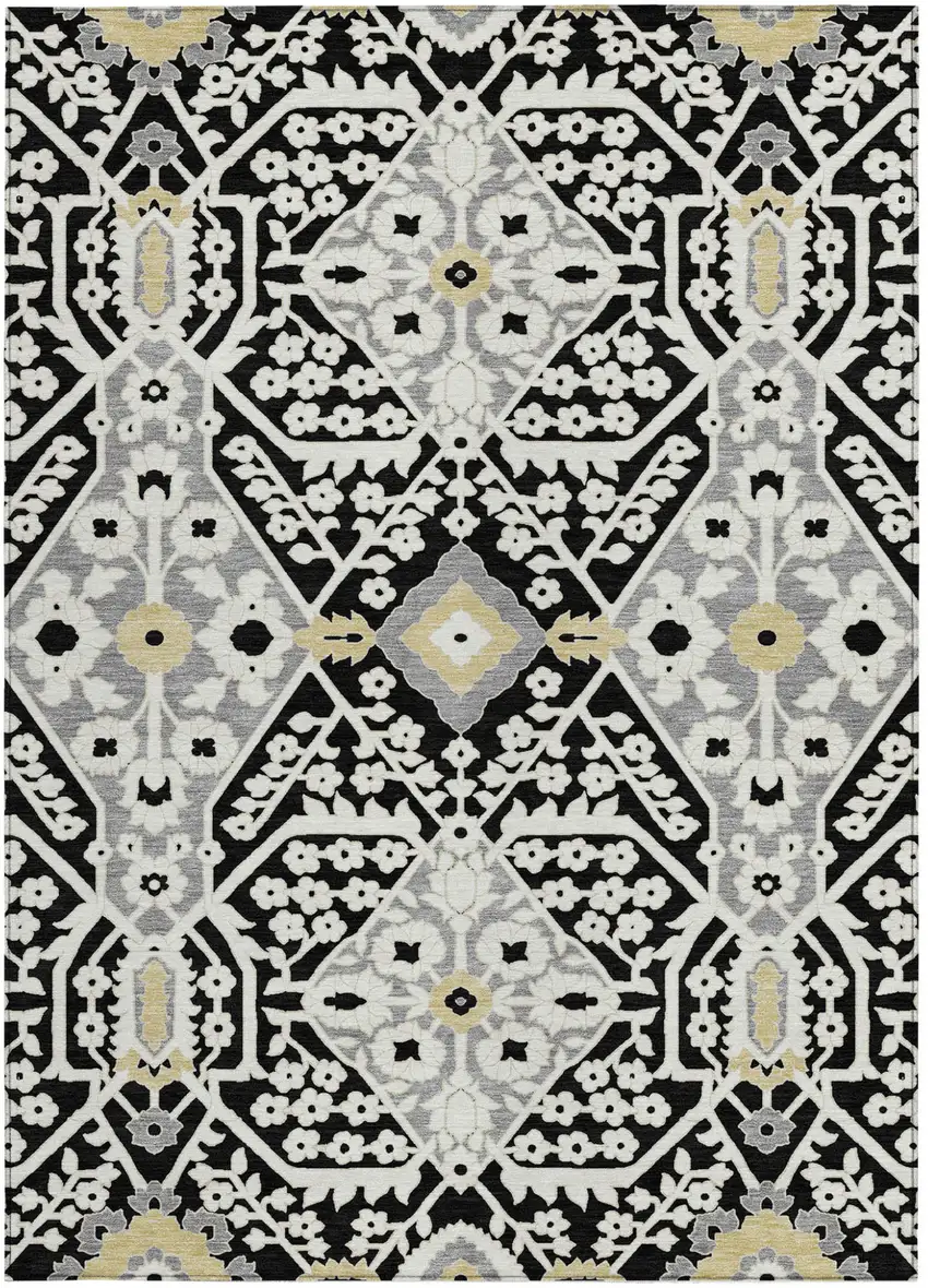 Black Gray And Gold Floral Washable Indoor Outdoor Area Rug Photo 7