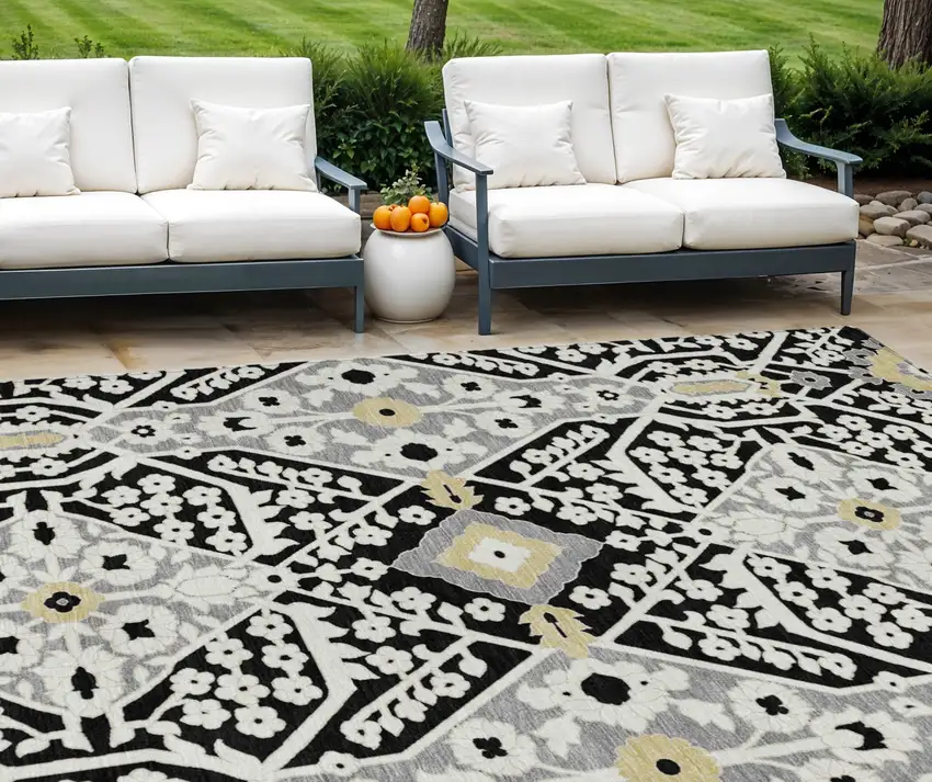 Black Gray And Gold Floral Washable Indoor Outdoor Area Rug Photo 1