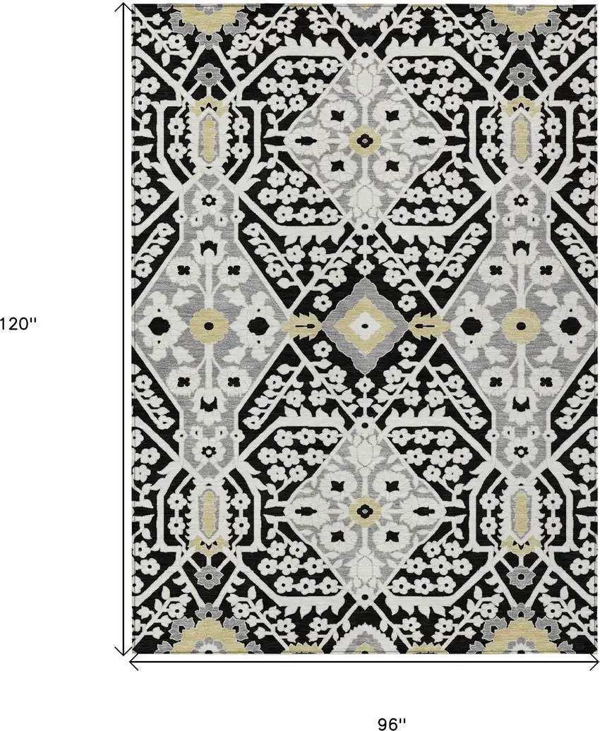 Black Gray And Gold Floral Washable Indoor Outdoor Area Rug Photo 3