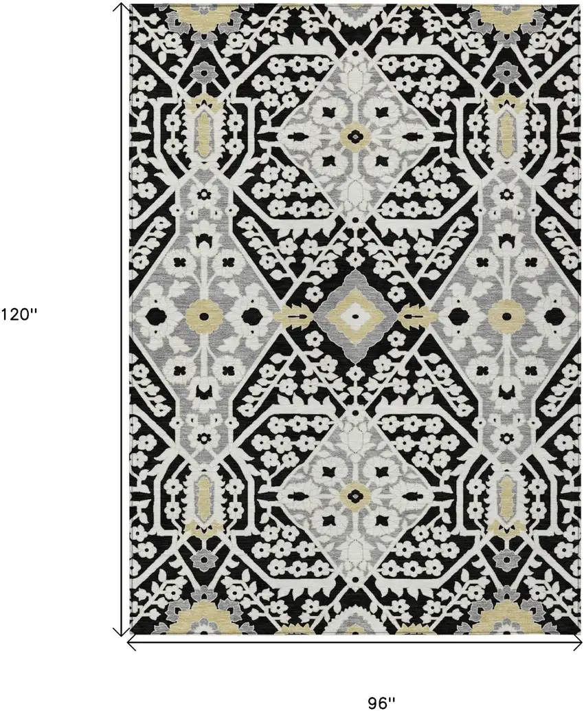 Black Gray And Gold Floral Washable Indoor Outdoor Area Rug Photo 3