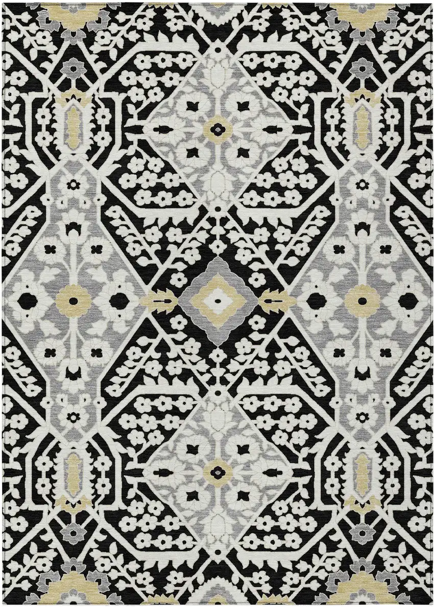 Black Gray And Gold Floral Washable Indoor Outdoor Area Rug Photo 2