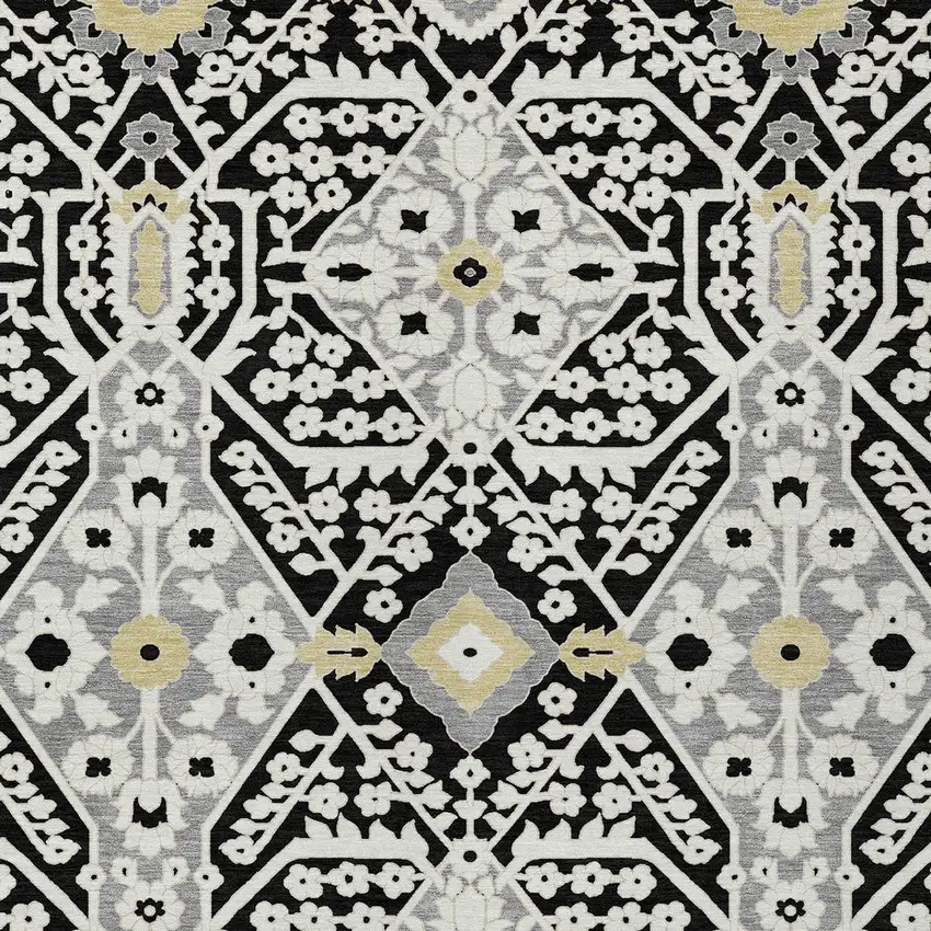 Black Gray And Gold Floral Washable Indoor Outdoor Area Rug Photo 8