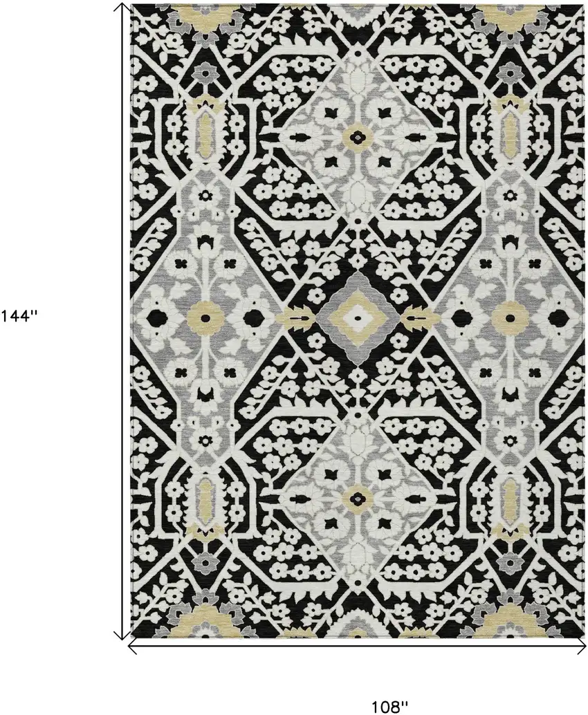Black Gray And Gold Floral Washable Indoor Outdoor Area Rug Photo 3