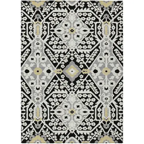 Black Gray And Gold Floral Washable Indoor Outdoor Area Rug Photo 2
