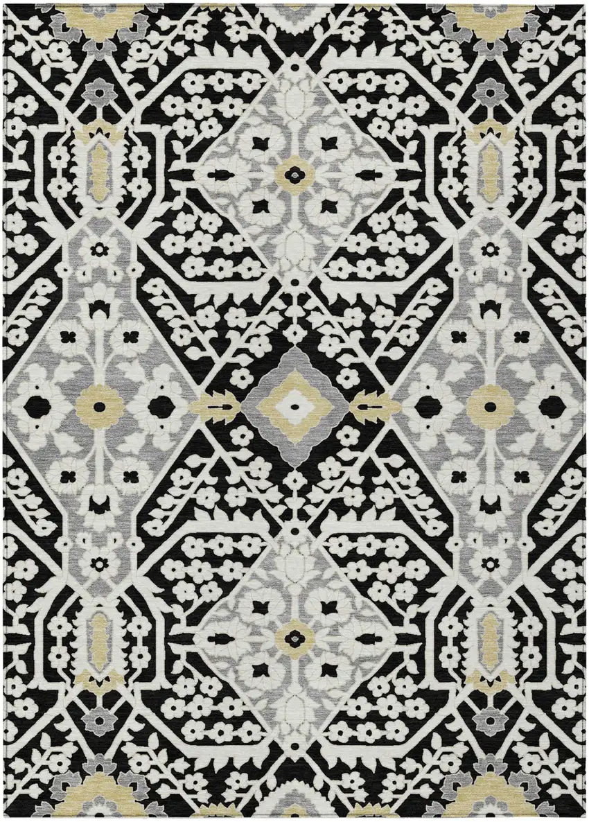 Black Gray And Gold Floral Washable Indoor Outdoor Area Rug Photo 2